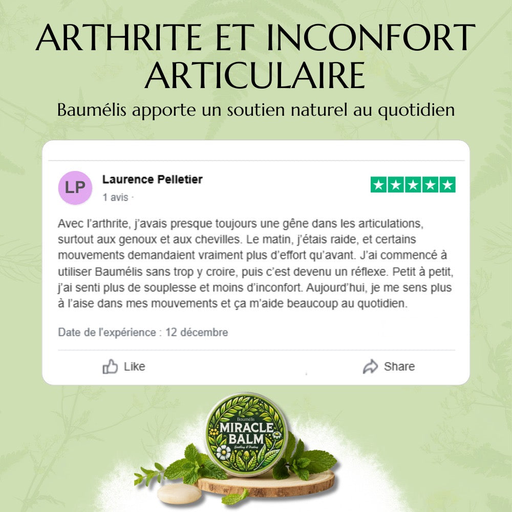 Visuel Baumélis — avis client sur le confort articulaire au quotidien, avec photo du Miracle Balm.