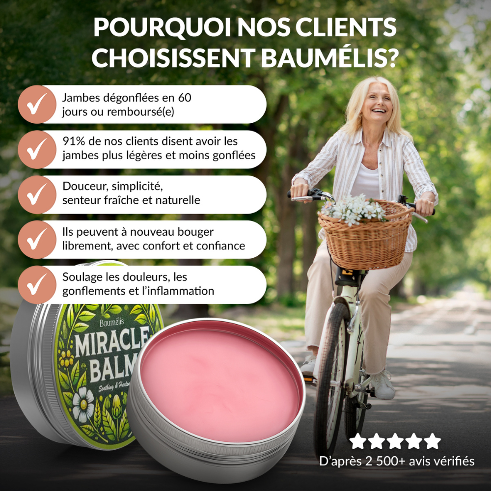Baumélis Baume Miracle, avis clients, jambes lourdes, gonflements, confort des jambes, baume naturel, microcirculation, sensation de légèreté, social proof, packshot ouvert, image lifestyle