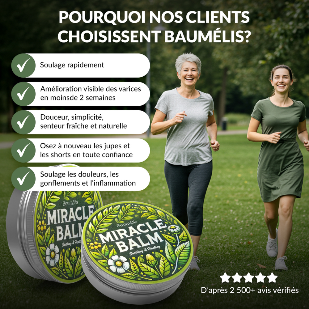 Baumélis Baume Miracle, avis clients, soulage rapidement, jambes lourdes, gonflements, confort des jambes, varices, sensation de légèreté, social proof, photo lifestyle, packshot