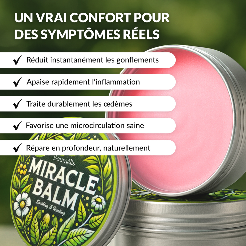 Baumélis baume miracle, baume naturel, confort des jambes, massage bien-être, jambes lourdes, gonflements, plantes botaniques, microcirculation, visuel information produit