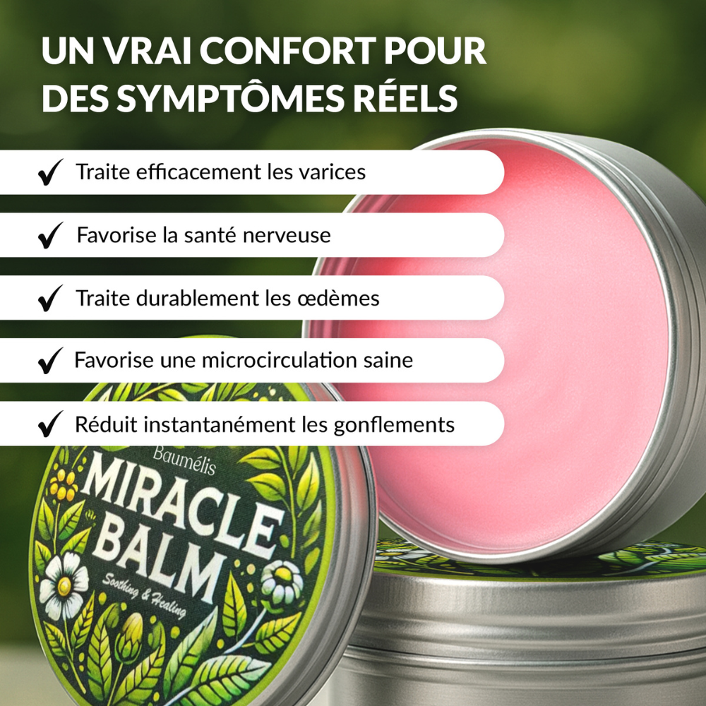 Baumélis Baume Miracle, confort des jambes, jambes lourdes, gonflements, œdèmes, microcirculation, massage bien-être, soin botanique, visuel bénéfices