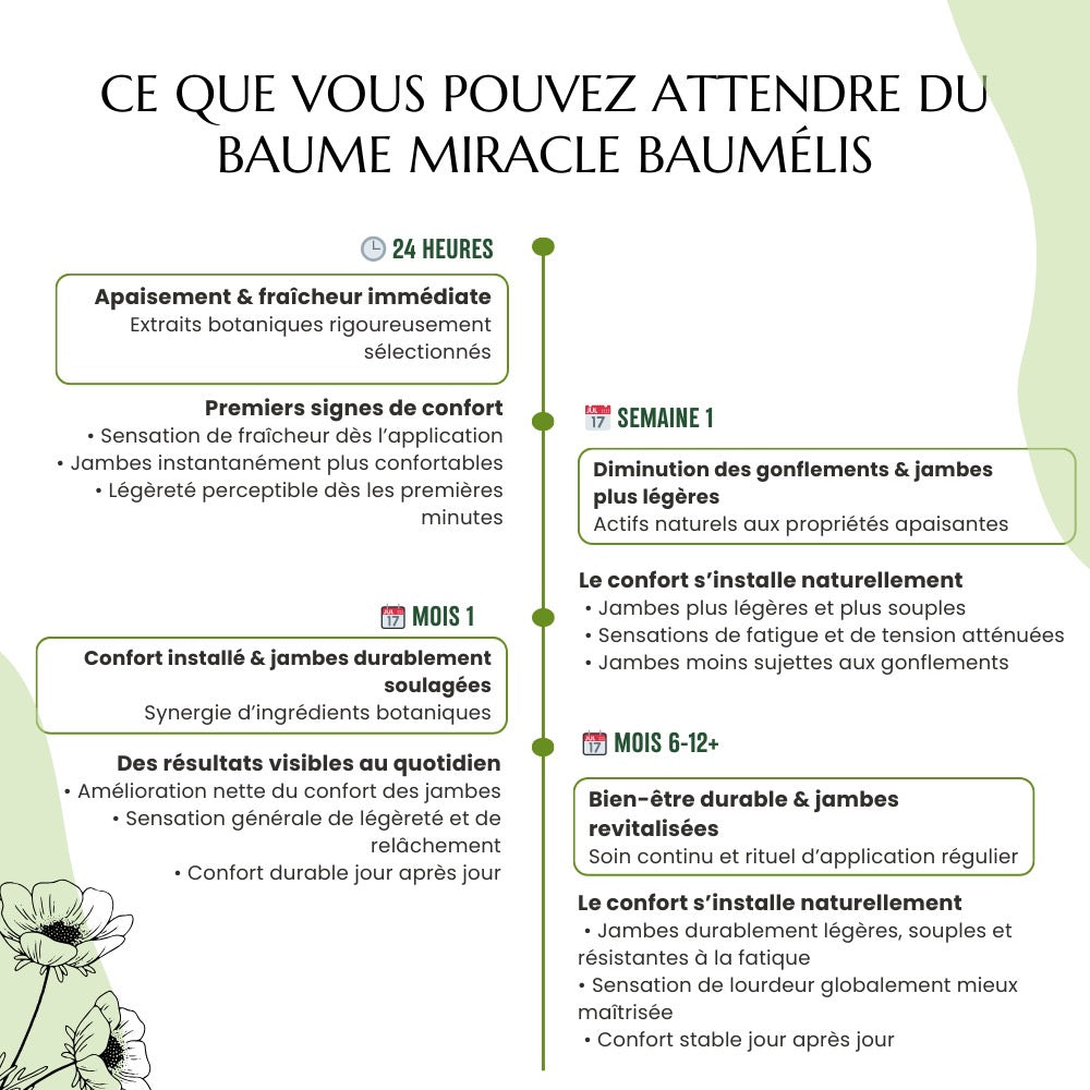 Infographie Baumélis — frise des étapes d’utilisation et du confort au fil du temps (24h, semaine 1, mois 1, mois 6-12+)