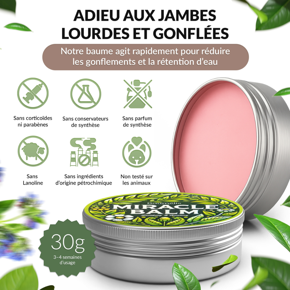 Baumélis Baume Miracle, jambes lourdes, jambes gonflées, gonflements, rétention d’eau, baume naturel, formule clean, sans parabènes, sans corticoïdes, sans parfum de synthèse, non testé sur les animaux, 30g, packshot ouvert