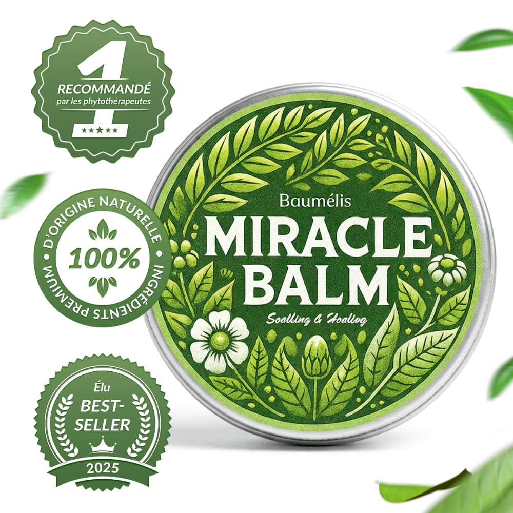 Baumélis Baume Miracle, baume naturel, soins jambes lourdes, massage circulation, confort veines, plantes botaniques, baume apaisant, packshot boîte métal