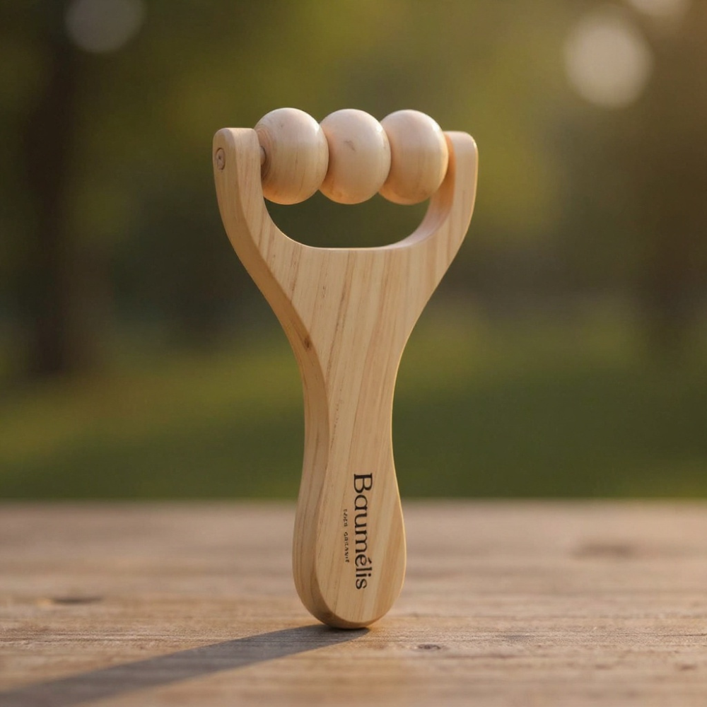 rouleau circulatoire baumélis massage naturel auto-massage jambes lourdes jambes légères microcirculation drainage réduction gonflements routine quotidienne bois naturel ergonomique bien-être circulatoire complément Baume Miracle