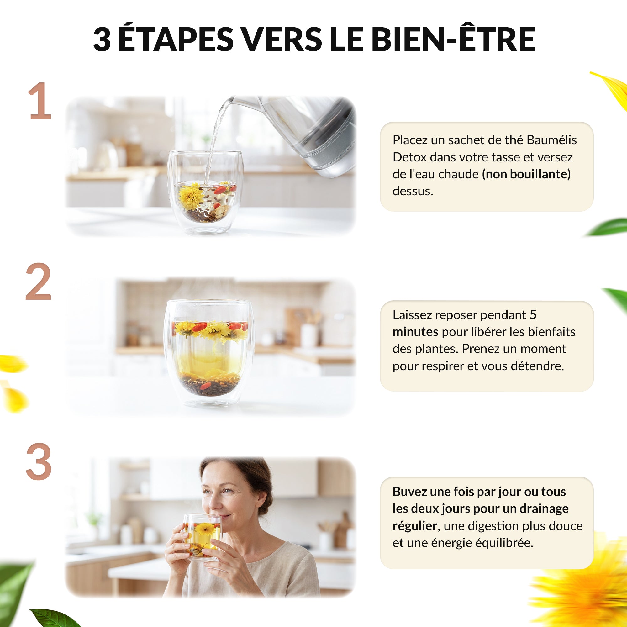 Infographie Tisane Détox Baumélis — mode d’emploi en 3 étapes (infusion, temps de repos, consommation).