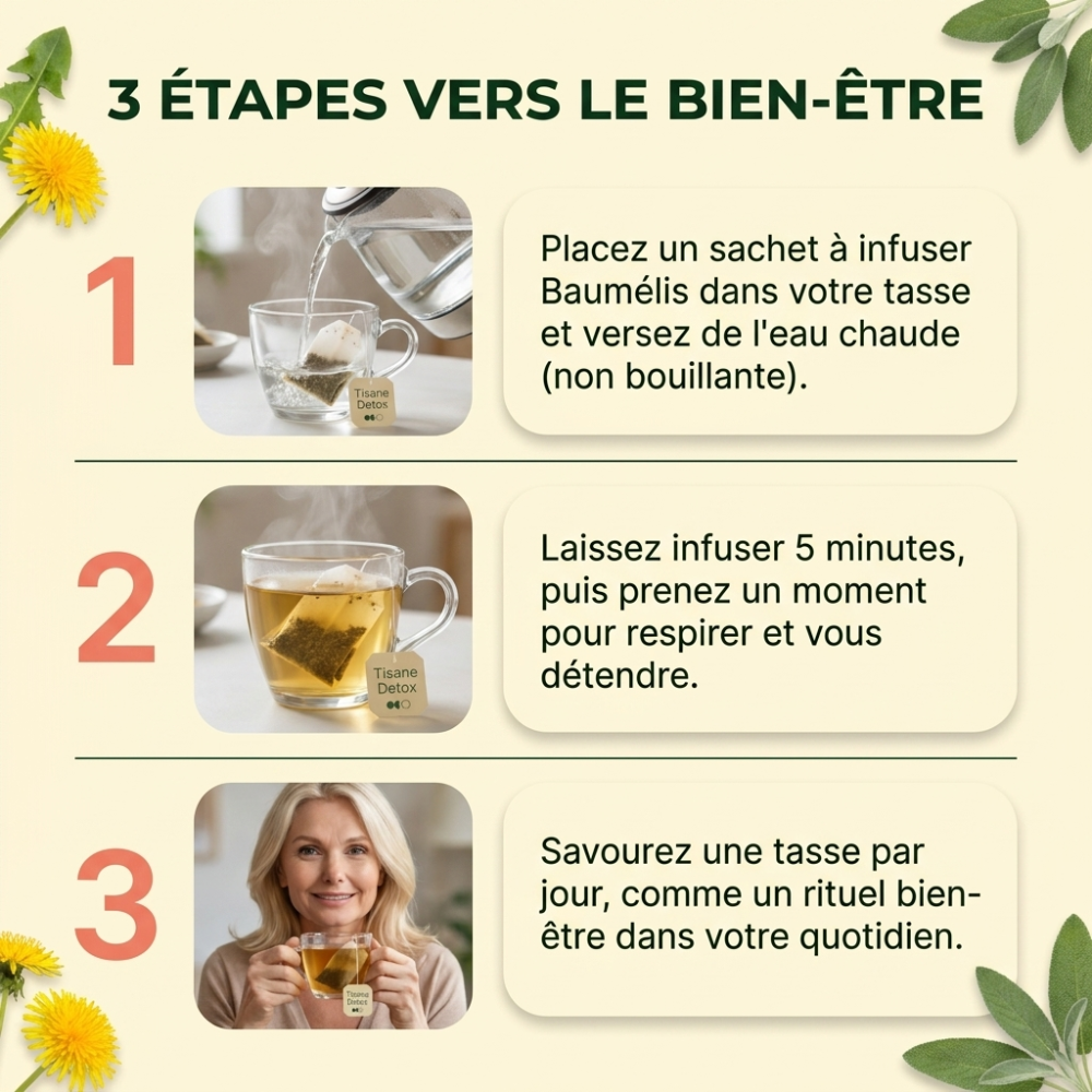 Infographie Tisane Détox Baumélis — mode d’emploi en 3 étapes (infusion, temps de repos, consommation).