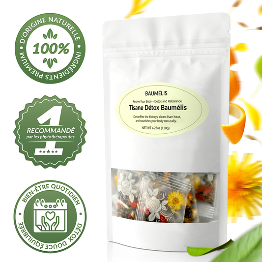 Packshot de la Tisane Détox Baumélis en sachet avec infusettes et badges qualité.